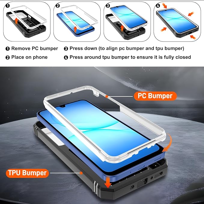 Gritup for Samsung Galaxy A17/A16-5G Phone Case with Camera Cover | 2*Screen Protector & 360° Rotating Ring Kickstand, Military Grade Protective Cover para Galaxy A 17 Phone, White+Black - Image 3