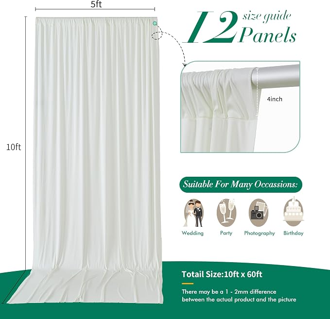 60 ft x 10 ft Wrinkle Free Ivory Backdrop Curtain for Parties, 12 Panels 10ft Polyester Ivory Photo Backdrop Drapes for Graduation Birthday Wedding Party Stage Curtains - Image 6