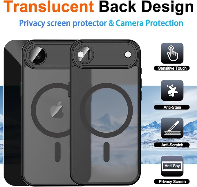 for iPhone Air Case with Privacy Screen Protector, Black | Full Camera Protection, Magnetic, Compatible with MagSafe, Translucent Matte Shockproof Phone Cover for iPhone 17 Air - Image 2