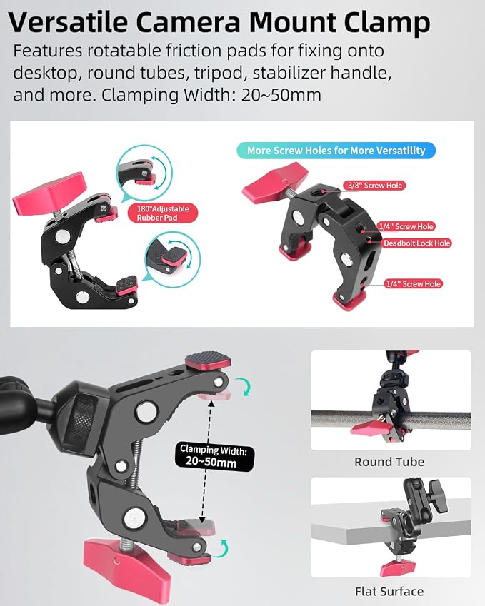 22" Magic Arm w Clamp Mount, Overhead Desk Phone Mount Stand, Adjustable Articulating Friction Camera Boom Arm w 1/4" Thread for Phone Video Light Webcam Action Camera Tripod Mic (Pack of 2) - Image 7