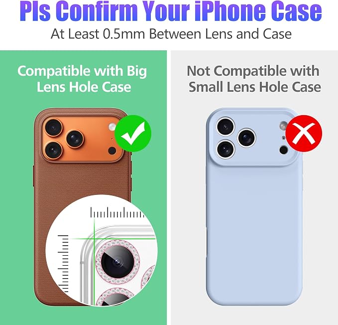 AGVEE 3+3 6 Pack for iPhone 17 Pro & Max Camera Lens Protector Cover | Individual Bling Diamond & Bling Glitter Sparkle Cute Gem Metal Ring, 9H Tempered HD Glass - Image 3