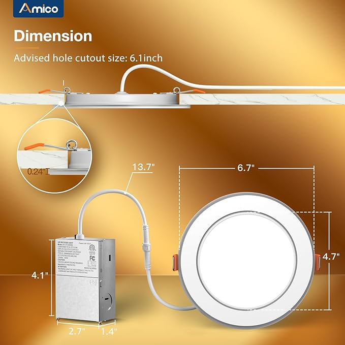 Amico 1 Pack 6 Inch 5CCT LED Recessed Ceiling Light with Double Ring Night Light, 2700-5000K Selectable Ultra-Thin Recessed Lighting, 12W=110W, 1100LM, Dimmable Canless Wafer Downlight, ETL, FCC - Image 6