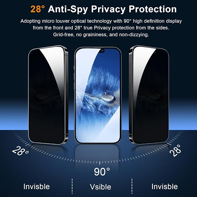 QHOHQ 3 Pack Privacy Screen Protector for iPhone 15 [6.1 Inch] with 3 Pack Camera Lens Protector, Anti Spy Tempered Glass Film, 9H Hardness, HD, Bubble Free, Case Friendly - Black - Image 2