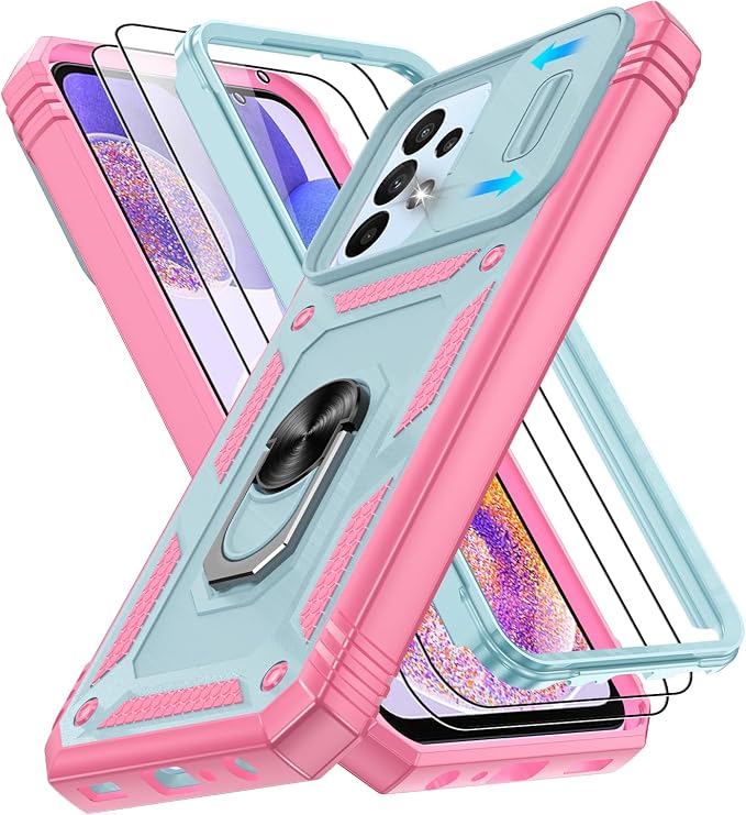 Gritup for Galaxy A23 5G Case Military-Grade Shockproof with Kickstand | (   ) with 2 PCS Screen Protector, Slide Camera Cover, Heavy Duty Funda para A 23 5G Cover, Green+Pink by Gritup