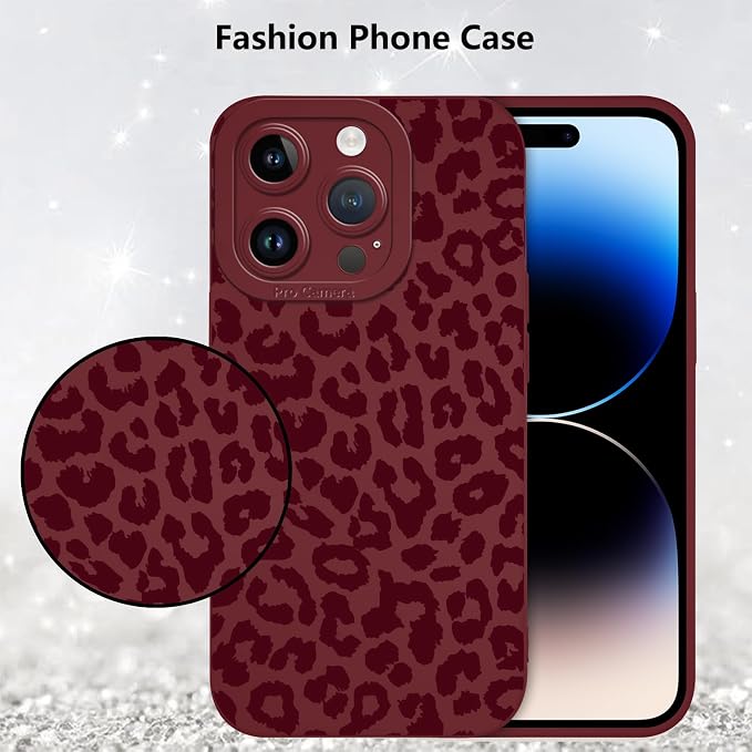 Cute Burgundy Cheetah Print Phone Case for iPhone 14 Pro Max 6.7" | Aesthetic Leopard Pattern Design Cover Full Camera Lens Protective Shockproof Soft Slim TPU Funda for Women Girls - Image 6