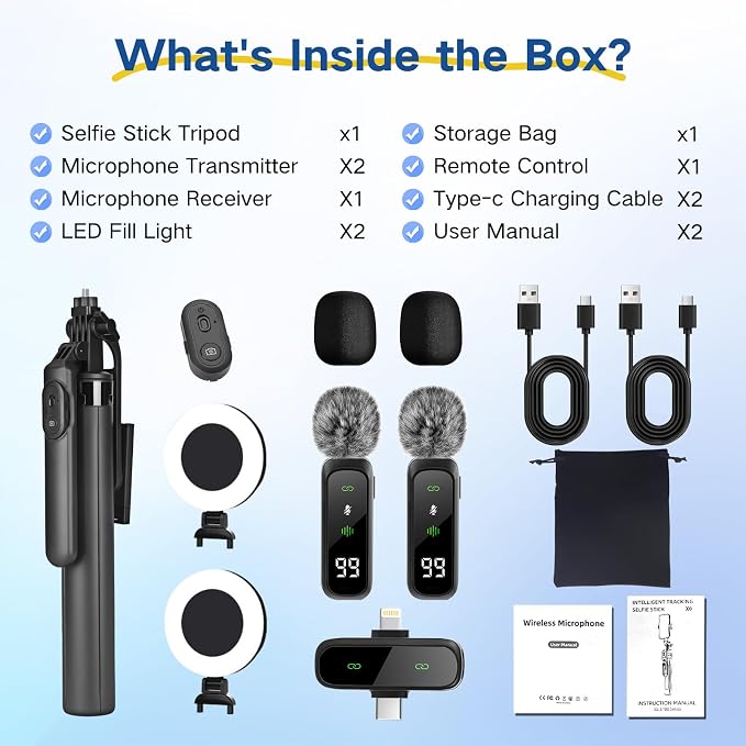 Content Creator Vlogging Kit,180CM Metal Selfie Stick Tripod with Light and Wireless Microphones,Vlogging Kit for iPhone/Android,Phone Tripod for Tiktok &YouTube Starter Kit - Image 7