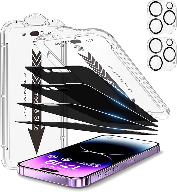 EZ-GLAZ-4+2 Pack for iPhone 14 Pro Max Privacy Screen Protector (6.7") | 2-Pack Lens Protectors, Alignment Kit, Easy Installation, 9H+ Tempered Glass, Scratch Resistant, 28° Privacy Protection by EZ-GLAZ
