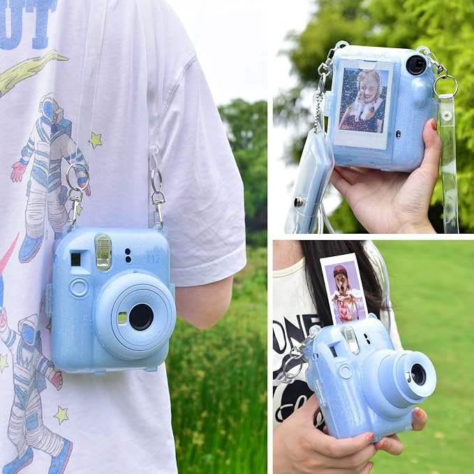 Rieibi Clear Case Compatible with Fuji Instax Mini 12 - Glitte Case Bag for Fujifilm Instax Mini 12 Instant Camera with Back Pocket, Strap and Photo Album - Glitter Blue - Image 7