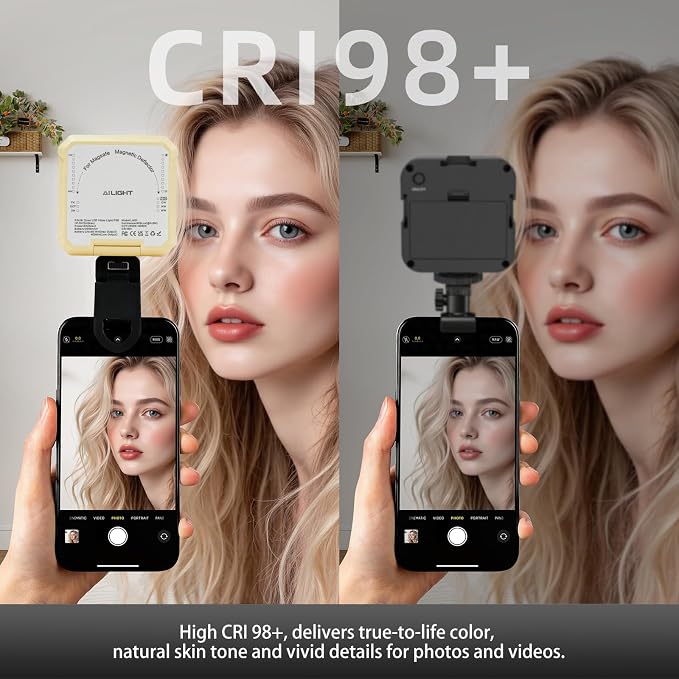 Ailight Magnetic Selfie Light for Phone, 2000mAh Portable Video Conference Lighting with Clip, CRI 98+ 2500K-9000K Rechargeable LED Video Light with Flip-Up Gimbal for Makeup, Photography - Yellow - Image 3