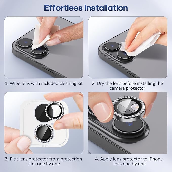 for iPhone 17 Camera Lens Protector Cover Bling Diamond, Black | Individual Metal, 9H Hardness, Scratch Resistant, Shockproof, Drop Protection, Case Friendly, Stylish Accessories - Image 7