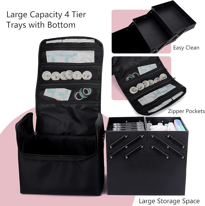 Large Makeup Carrying Train Case for Women, 4 Tier Travel Bag Box, Black | Nail Organizer Case-Adjustable Dividers, Waterproof, Detachable Shoulder Strap, Portable, Multipurpose Storage for Nail Tools - Image 3
