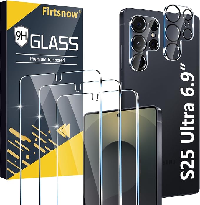 firtstnow 3 Pack for Samsung Galaxy S25 Ultra Screen Protector Tempered Glass + 3 Pack Camera Lens Protector, Military Grade Shatterproof, 9H Hardness, Fingerprint Unlock,Case Friendly 6.9 Inch by Unknown