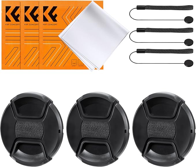 K&F CONCEPT 46mm Lens Cap, 9-in-1 Center Pinch Lens Cover + Anti-Loss | Keeper Leash + Microfiber Cleaning Cloth Kits Compatible with Nikon, Canon, Sony, Fujifilm Camera Lenses by KFCONCEPT