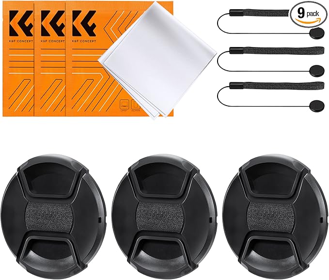 K&F CONCEPT 55mm Lens Cap, 9-in-1 Center Pinch Lens Cover + Anti-Loss | Keeper Leash + Microfiber Cleaning Cloth Kits Compatible with Nikon, Canon, Sony, Fujifilm Camera Lenses by KFCONCEPT