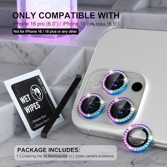 Choiche for iPhone 16 Pro/iPhone 16 Pro Max Camera Lens Protector | Ultra HD, Bling 9H Tempered Glass Camera Cover Screen Protector Metal Ring Decoration Accessories (Diamond-Colorful) - Image 2