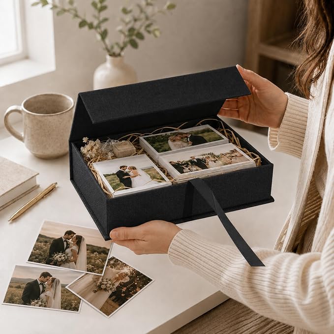 Vienrose Linen Photo Storage Box, 8"x10", Postcard Keeper, Black | 1Pc Sturdy Linen Cover Box for Photos, Postcards & Decorative Paper Storage, Perfect for Home, Office, Craft Room, and Travel - Image 2