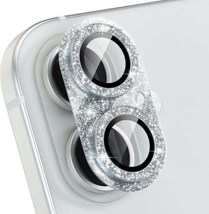 Choiche for iPhone 16 /iPhone 16 Plus Camera Lens Protector, Glitter-Silver | Bling Metal Camera Cover with 9H Tempered Glass Lens Screen Protector Accessories, Strong Adsorption, Case-Friendly by Choiche
