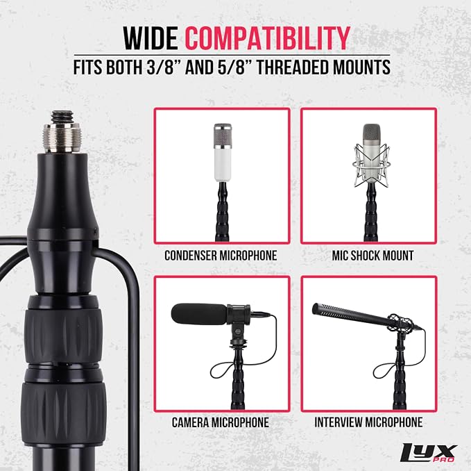 LyxPro Portable Mic Boom Pole Arm 5 Section Stretchable Padded Handheld Telescopic Aluminum Adjustable With Built In Internal XLR Cable Shotgun Zoom Microphones, Fish Pole extends 2.4’ - 9.25’ MPL-20 - Image 5