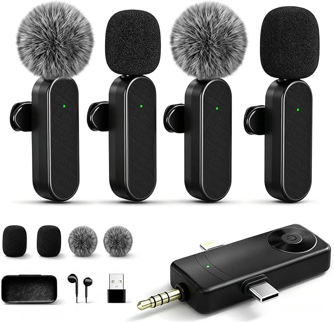 4 Packs Wireless Lavalier Mic for iPhone Android Camera | Professional Wireless Mini Microphone for 4-Person Video Recording, Podcasts, Vlogs, YouTube, TikTok and Computers by Giconino