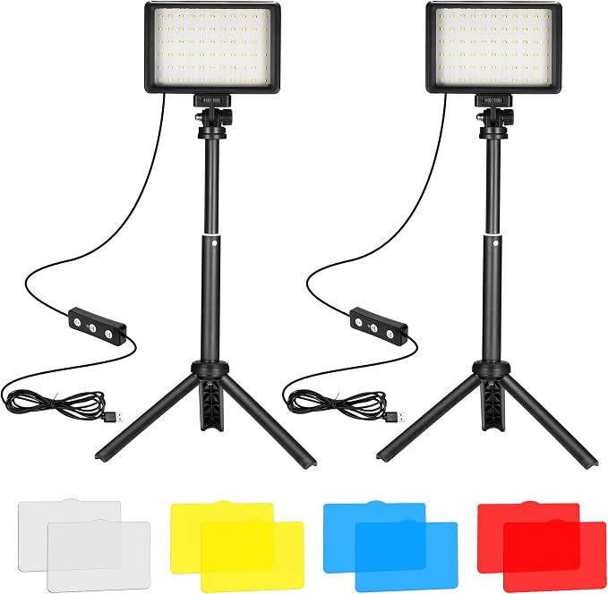 LED Video Light 2-Pack, 5600K Dimmable USB Camera Lighting Kit | Photography Lights with Mini Tripod & Colored Filters for Photo Studios, Small Angle Shooting, Video Recording,Game Streaming by KurtsCardCare