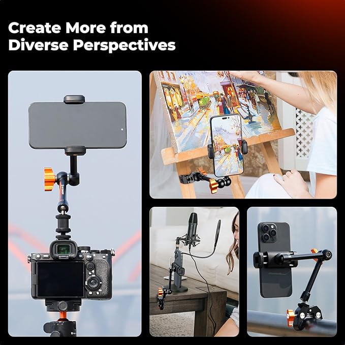 K&F CONCEPT 9.8" Magic Arm Clamp with Phone Holder | 360° Ball Heads Camera Arm Mount for Phone/LED Lights/Monitor/Flash/Microphone/DSLR Camera, MS32 - Image 6