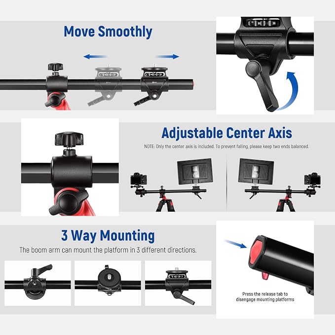 NEEWER 73.6" Horizontal Tripod with Multi Angle Center Column, Ball Head & Central Axis Platform, Heavy Duty Aluminum Camera Tripod Monopod 360° Pan 180° Tilt for Overhead/Macro Shots, Max Load 22lb - Image 4