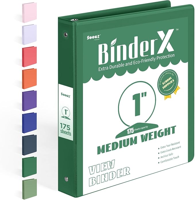 BinderX Extra Durable 3 Ring Binder, Round Rings 1 Inch Binder | Fits 175 Sheets of 8.5x11 Paper, Customizable View Cover with Inside Pockets, Cute 1" Binders, 1 Inch 1 Pack, Dark Green by Sooez
