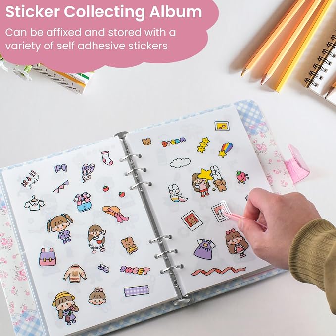 Reusable Sticker Book Collecting,A5 Binder Album Storage Organizer with Blank Release Paper and Pocket for Adult Kids,Cartoon Leather Binder Cover & Magnetic Buckle Closure(flower) - Image 4