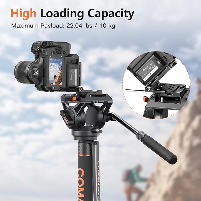 Monopod for Camera, COMAN Camera Monopod with Feet Q6 Fluid Head with Tripod Stand 71.25 inch Max Load 22 Lbs for Photography, Cameras, Canon, Nikon, Sony, DSLR, Video Camcorder - Image 8