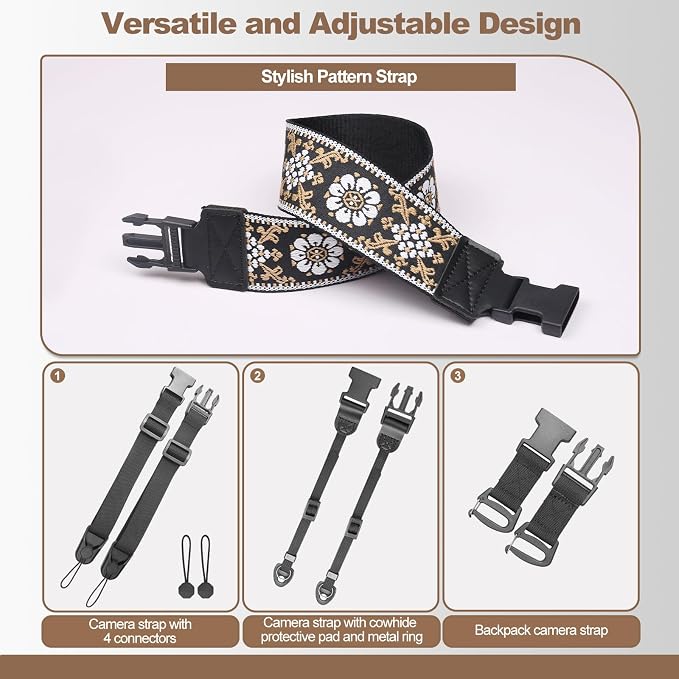Adjustable Camera Neck Strap, Vintage Embroidered Shoulder & Crossbody Camera Strap with 4 Connection Ways, Anti-Slip Camera Strap for DSLR, Mirrorless & Camcorder, Travel & Outdoor Photography Gear - Image 4