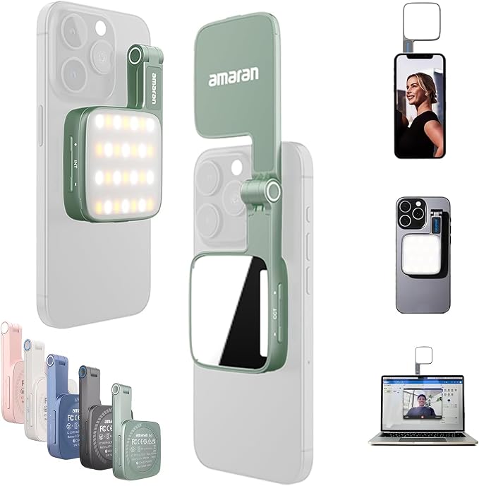 Amaran Go Magnetic Selfie Phone Light,Dual LED Light Source (Green) | with Adjustable Mirror Light CCT 2700K-6500K,Rechargeable for Selfie,Makeup,Video Conference,TikTok,for iPhone & Android by Aputure