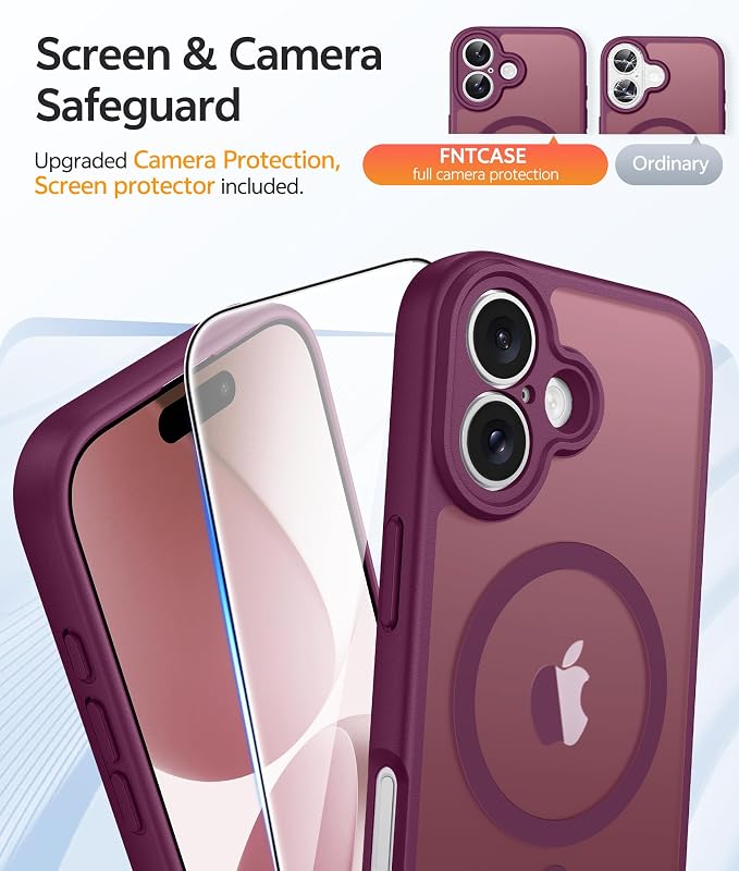 FNTCASE for iPhone 17 Case, Compatible with Magsafe, Glass Screen Protector | Full Camera Protection, Translucent Matte, 14FT Military Grade Drop Proof, Shockproof Protective Phone Cover, Wine Red - Image 4