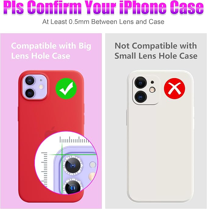 AGVEE 3+3 6 Pack for iPhone 12 & Mini & Pro Camera Lens Protector Cover | Individual Bling Diamond & Bling Glitter Sparkle Cute Gem Metal Ring, 9H Tempered HD Glass - Image 3
