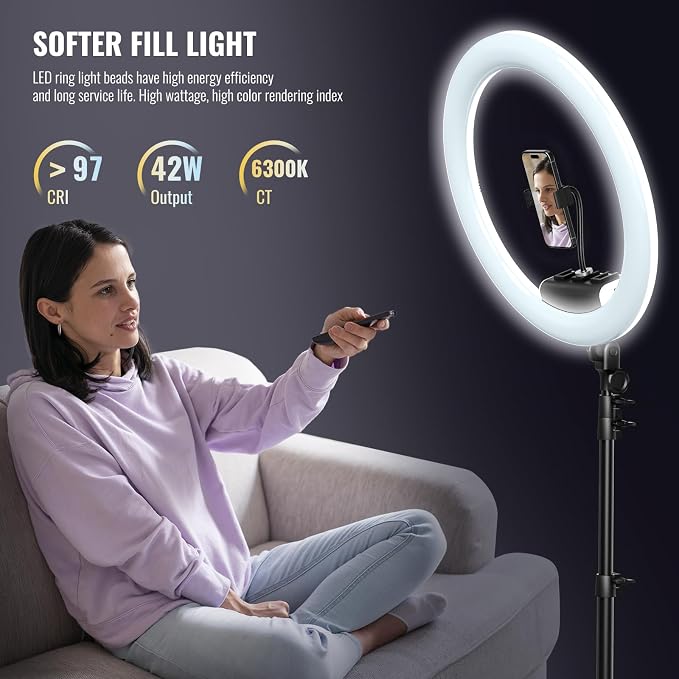 Ring Light with Stand, 19in LED Selfie Circle Light, Max 8ft/2.5m Tripod Stand, 3 Holders for iPhone, Remote Control, 6300K Color Temperature for Live Streaming, Barber, Makeup, YouTube, Tiktok - Image 5