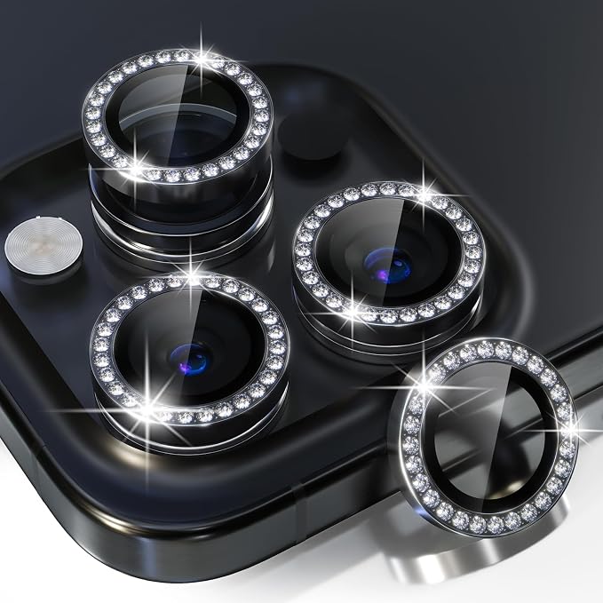 Choiche for iPhone 15 Pro/iPhone 15 Pro Max Camera Lens Protector | Ultra HD, Bling 9H Tempered Glass Camera Cover Screen Protector Metal Ring Decoration Accessories (Diamond-Black) by Choiche