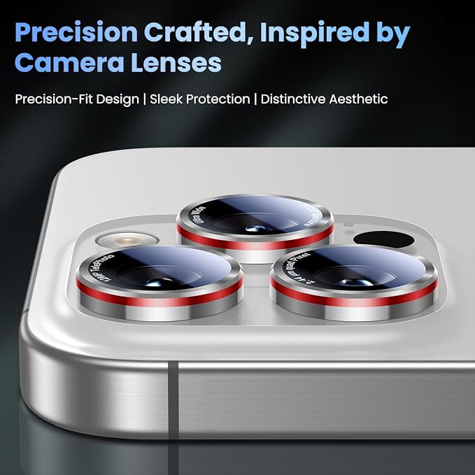 Uyiton for iPhone 13 Pro Max/13 Pro Camera Lens Protector | Unique Lines Text Design, Case-Friendly, Military-Grade Sapphire Glass Metal Camera Cover, Easy to Install, Silver+Red - Image 3