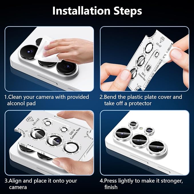for Samsung Galaxy S26 Ultra Camera Lens Protector, Individual Metal Ring Tempered Glass Lens Cover, [Strong Adsorption] Scratch Resistant Ultra-Thin HD Clear Lens Cover, 1 Set-Slivery Diamond - Image 7