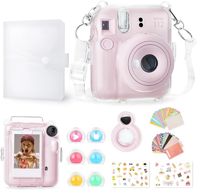 Rieibi Instax Mini 12 Accessories Gift Bundle: Clear Case with Strap, Photo Album, Selfie Mirror, Color Filters, DIY Stickers - Pink by Rieibi