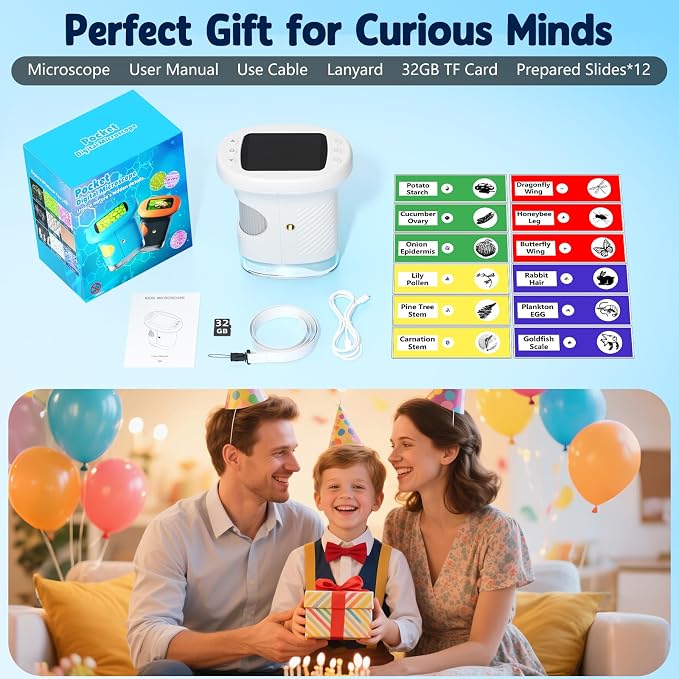Odatay 4K 1000X Digital Microscope for Kids with 32G Card, Long Distance Viewing & 2.4" Screen Portable Handheld Edu Toys for Age 3-12 Exploring Bugs Plants at Home Classroom & Outdoor Travel, White - Image 9