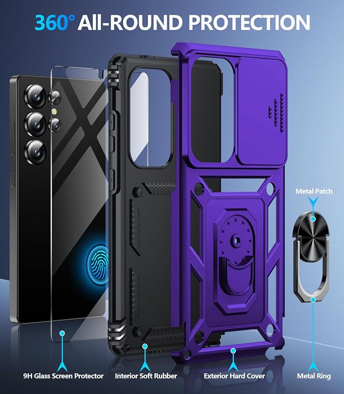 Taisairu for Samsung Galaxy S25 Ultra Case with Screen Protector & Slide Camera Lens Cover, Built-in Magnetic Ring Stand Shockproof Protective Phone Case for Samsung S25 Ultra Case (Purple) - Image 2