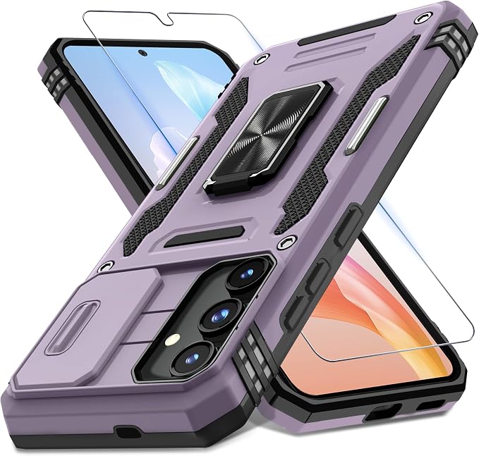 DEERLAMN Case for Samsung Galaxy S25 Plus/S24 Plus 6.7-Inch with Slide Camera Cover+Screen Protector(1 Pack), Rotated Ring Kickstand Military Grade Shockproof Protective Cover-Deep Purple by DEERLAMN
