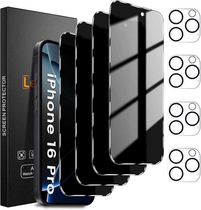 Lesakit 4+4 Pack Privacy Screen Protector for iPhone 16 Pro 6.3-Inch with 4 Pack Camera Lens Protector, Anti Spy Tempered Glass Film 9H Hardness Case Friendly by Lesakit