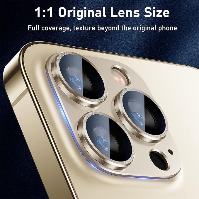 UniqueMe for iPhone 13 Pro/iPhone 13 Pro Max Camera Lens Protector - Gold | Strong Drop Protection, Not Easy to Fall-off, Metal Ring, Tempered Glass, Rear Camera Screen Cover - Image 6