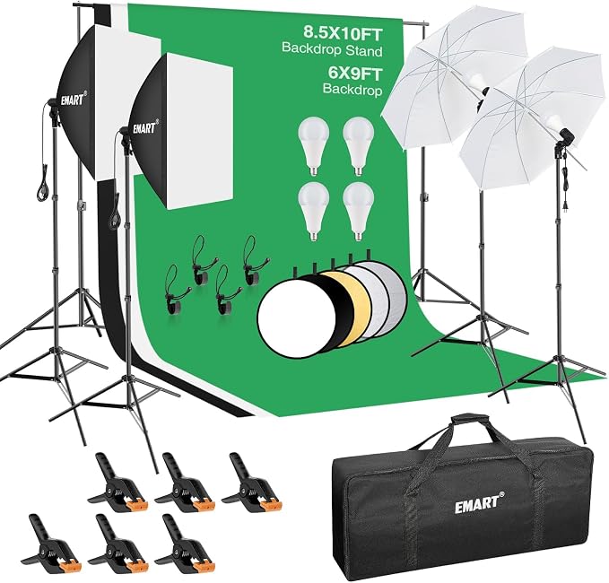 EMART Photography Lighting Kit with 8.5x10Ft Backdrop Stand,6x9FT Backdrops | Softbox Lighting Kit with 5500K 50W LED, Reflector, Umbrellas&Soft Box, Photo Studio Equipment for Portrait Video Shoot Vlog by EMART