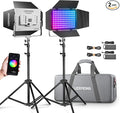 Godox LP600R RGB LED Video Light with Barndoor, 2-Pack 60W 1800K-10000K 9270Lux LED Panel Light with Light Stand, APP Control CRI96+ Studio Soft Light by GODOX