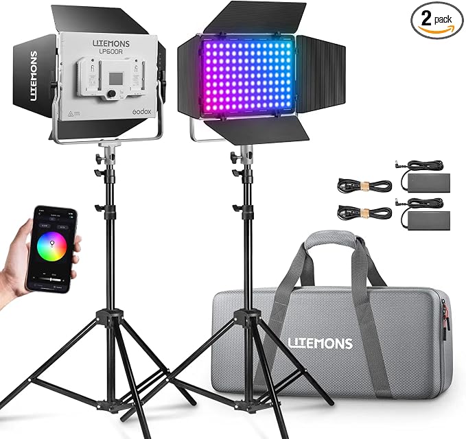 Godox LP600R RGB LED Video Light with Barndoor, 2-Pack 60W 1800K-10000K 9270Lux LED Panel Light with Light Stand, APP Control CRI96+ Studio Soft Light by GODOX