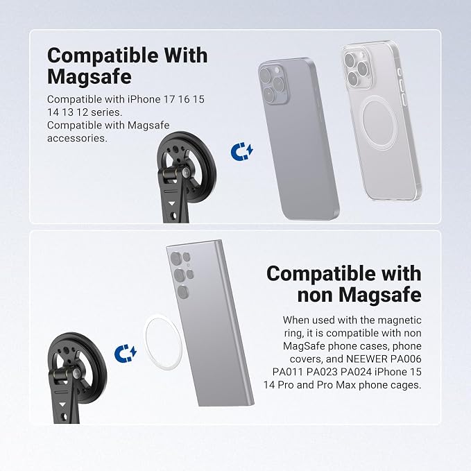 NEEWER Magnetic Phone Tripod Mount Compatible with MagSafe iPhone Samsung, Metal Adjustable Rotatable Cellphone Holder Adapter w/Cold Shoe for Tripod Mounting Camera Monitoring Video Recording, DS031 - Image 2