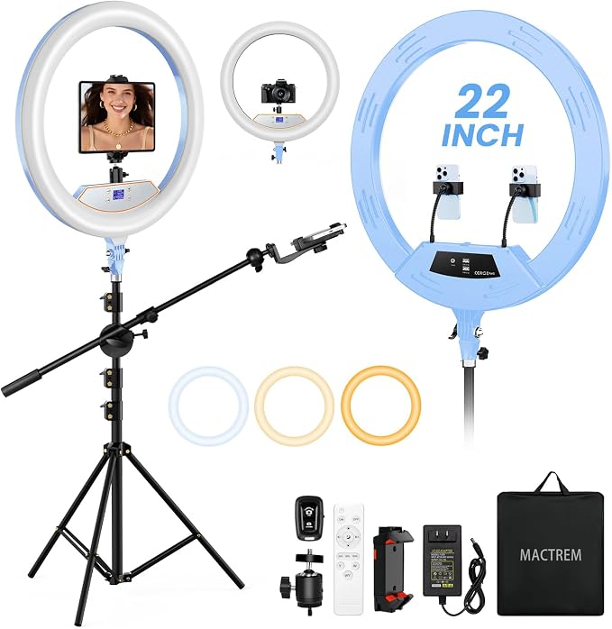MACTREM Large 22" Ring Light with Stand for iPad Makeup, 75" Tripod, Blue | 50W CRI90+ LED, 2700K-6500K, Phone Tablet Holder, Dual USB, Stable 75" Tripod, for Tattoo Barber Streaming by MACTREM