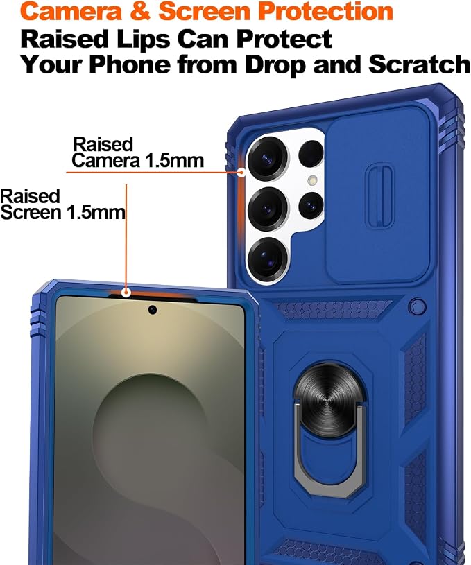 Gritup Fit for Samsung Galaxy S25 Ultra Case with Slide Camera Cover | 2 Pcs Screen Protector, Build in 360° Rotating Ring Kickstand, Military Grade Protective Phone Case, Blue - Image 5