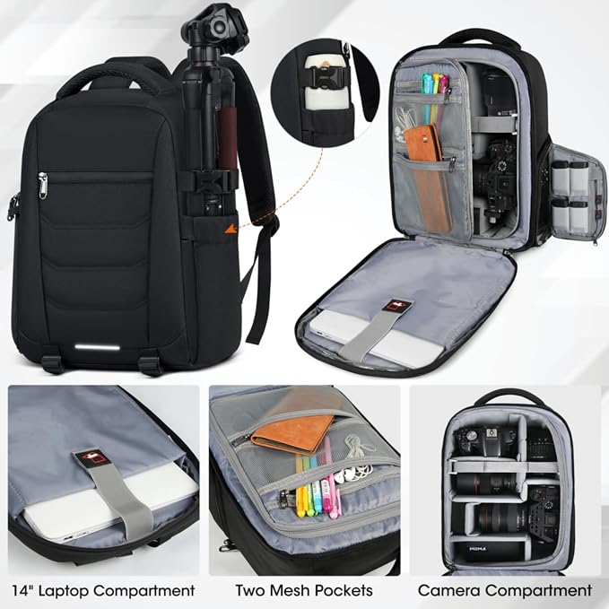 SDYSM Camera Bag Backpack Professional for DSLR SLR Mirrorless Camera Waterproof Laptop Back Pack 14 Inch with Rain Cover Anti Theft Travel Case Large Capacity Photography Backpack Black | 14 Inch Waterproof Camera Laptop Backpack with Rain Cover Anti ... - Image 2